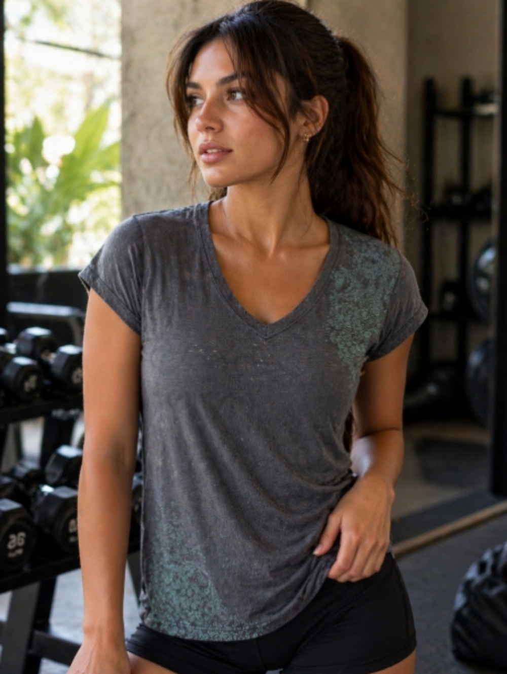 VSX Sport Victoria's Secret DarkGray V-Neck Short Sleeve Tee with Teal Accents